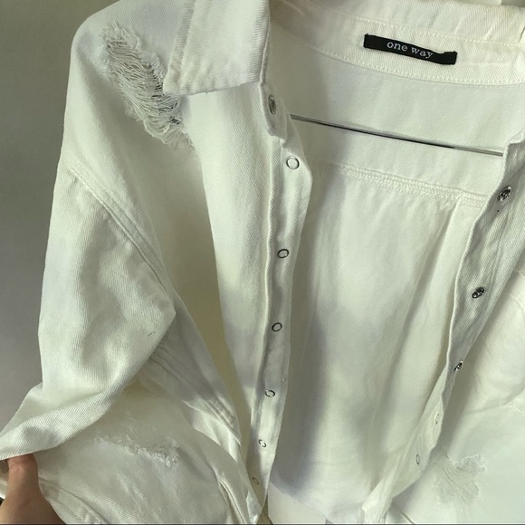 ONE WAY White Distressed Oversized Button Up Shirt - Picture 6 of 9